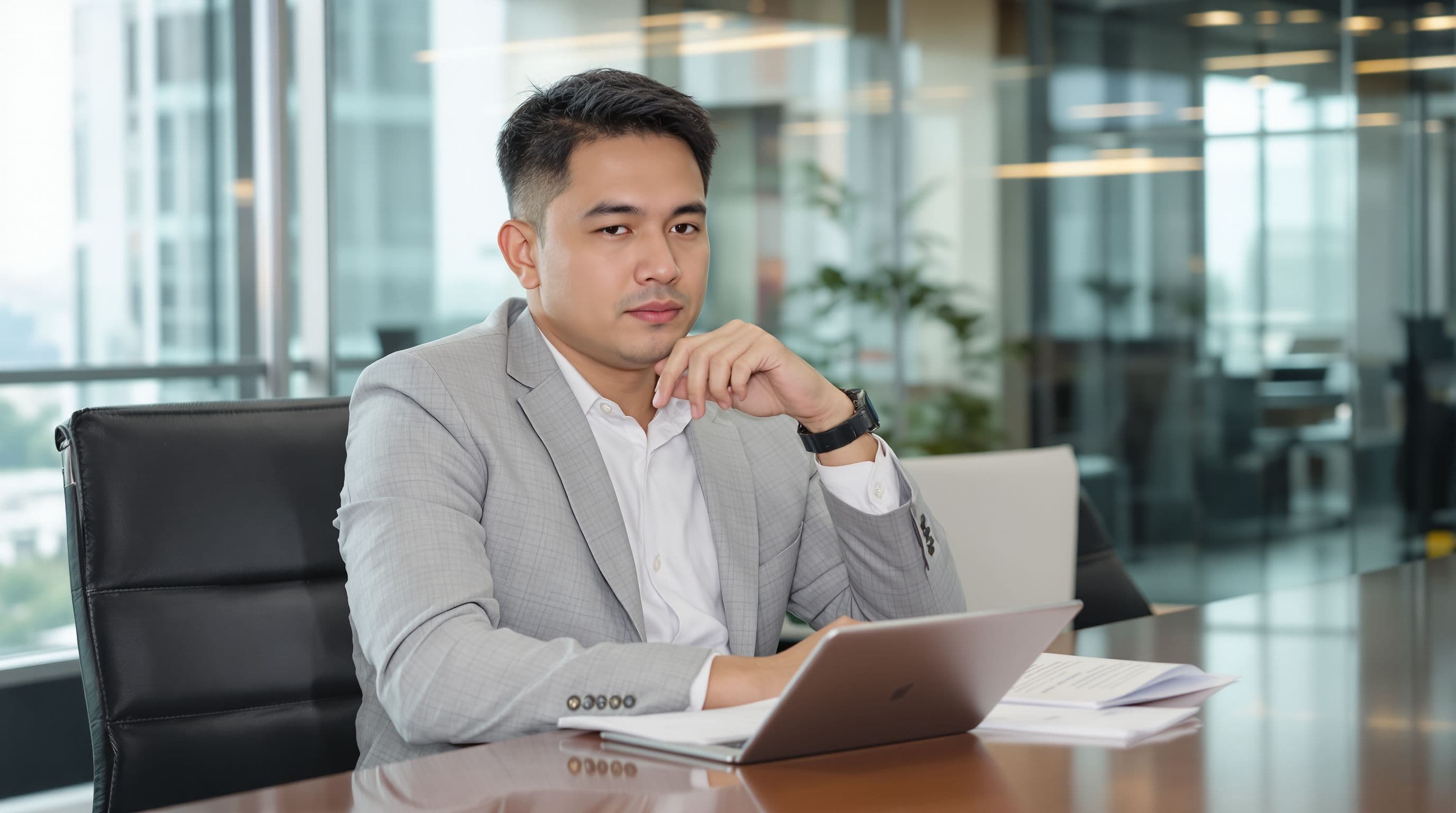 Thai financial services professional reviewing risk assessment in a modern banking office